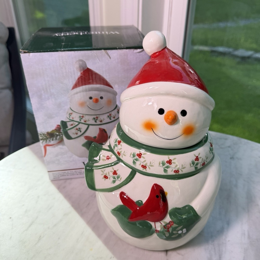 Pfaltzgraff Winterberry Snowman Cardinal 10 Inch Cookie Jar With Box‎